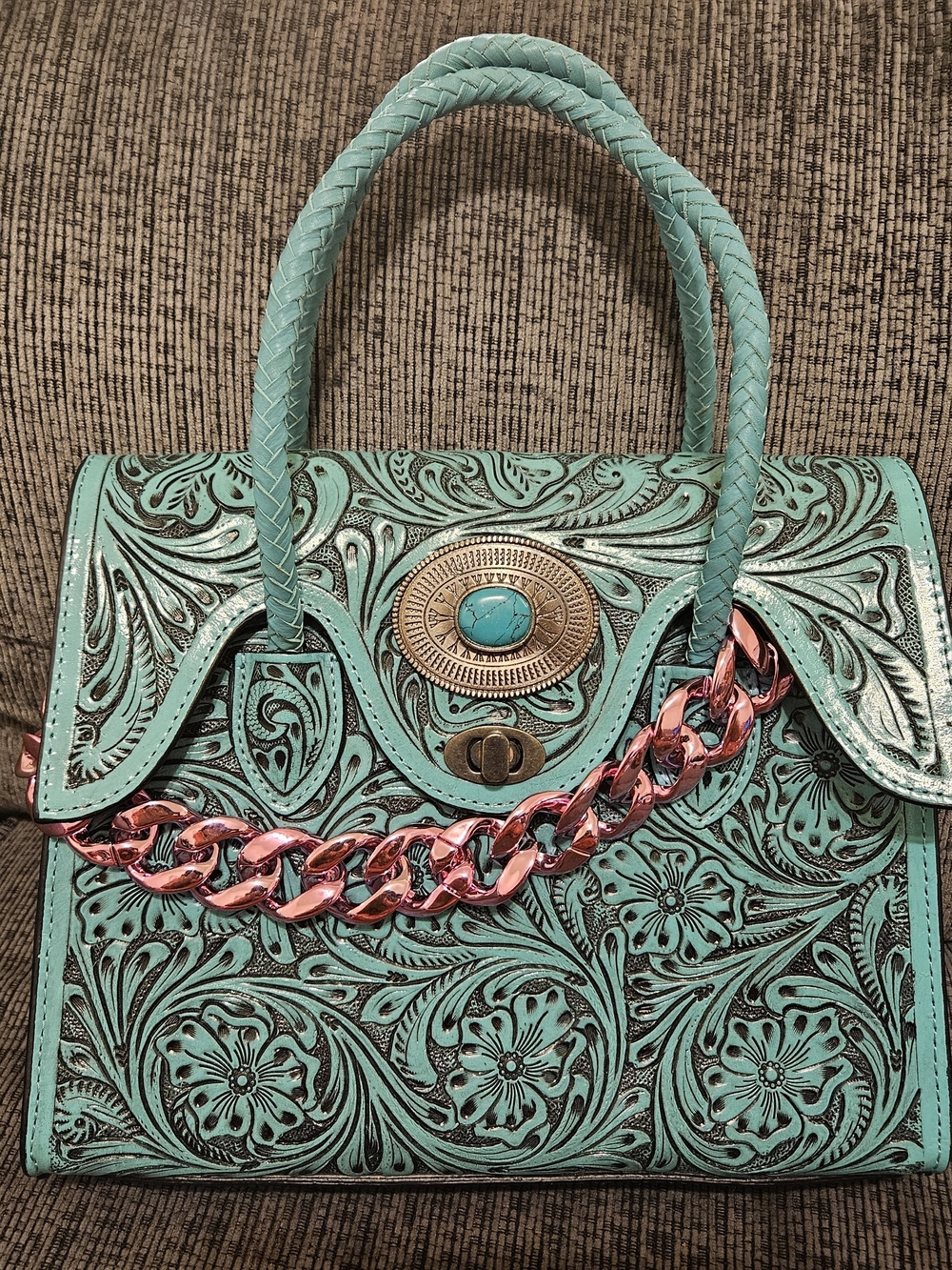 Turquoise Tooled Leather Satchel Handbag with Pink Chain Accent